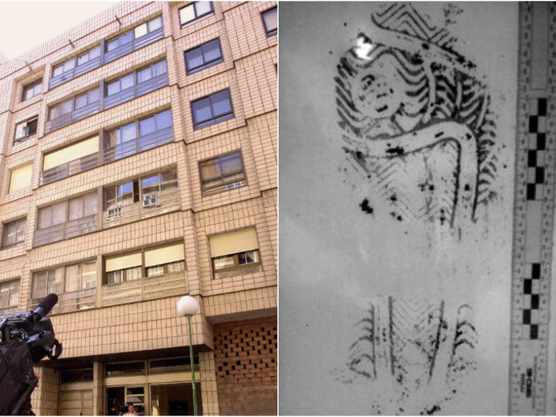 Edificio del crimen y huella de calzado investigada